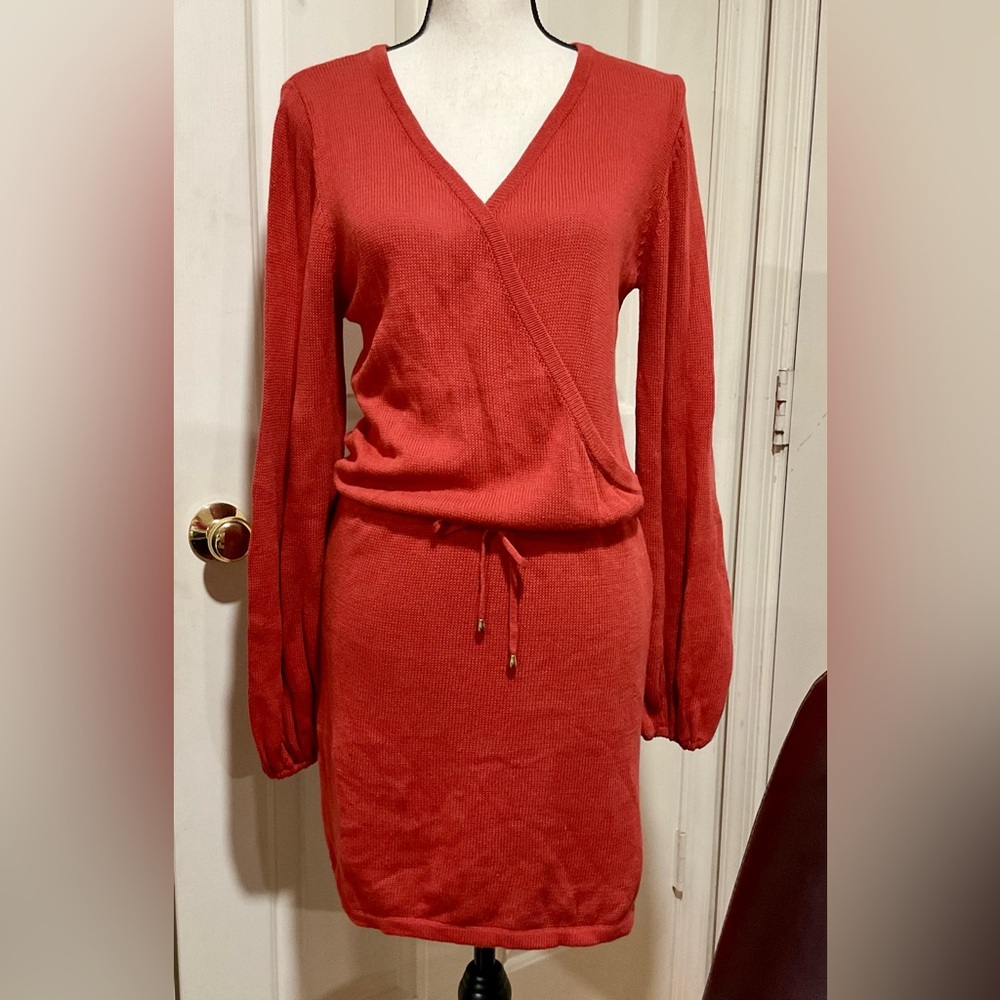 Sweater dress rust color wraptop waist drawstring, LS, sz 6 100%cotton 7Wonders